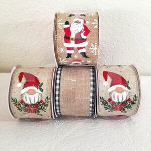 Rustic Gnome Santa Clause Wired Ribbon 80ft Total 2.5 Inches Wide Set #4